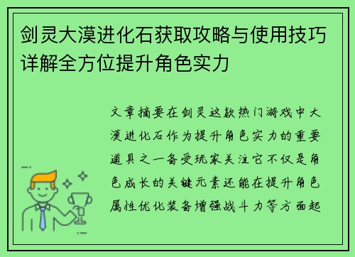 剑灵大漠进化石获取攻略与使用技巧详解全方位提升角色实力
